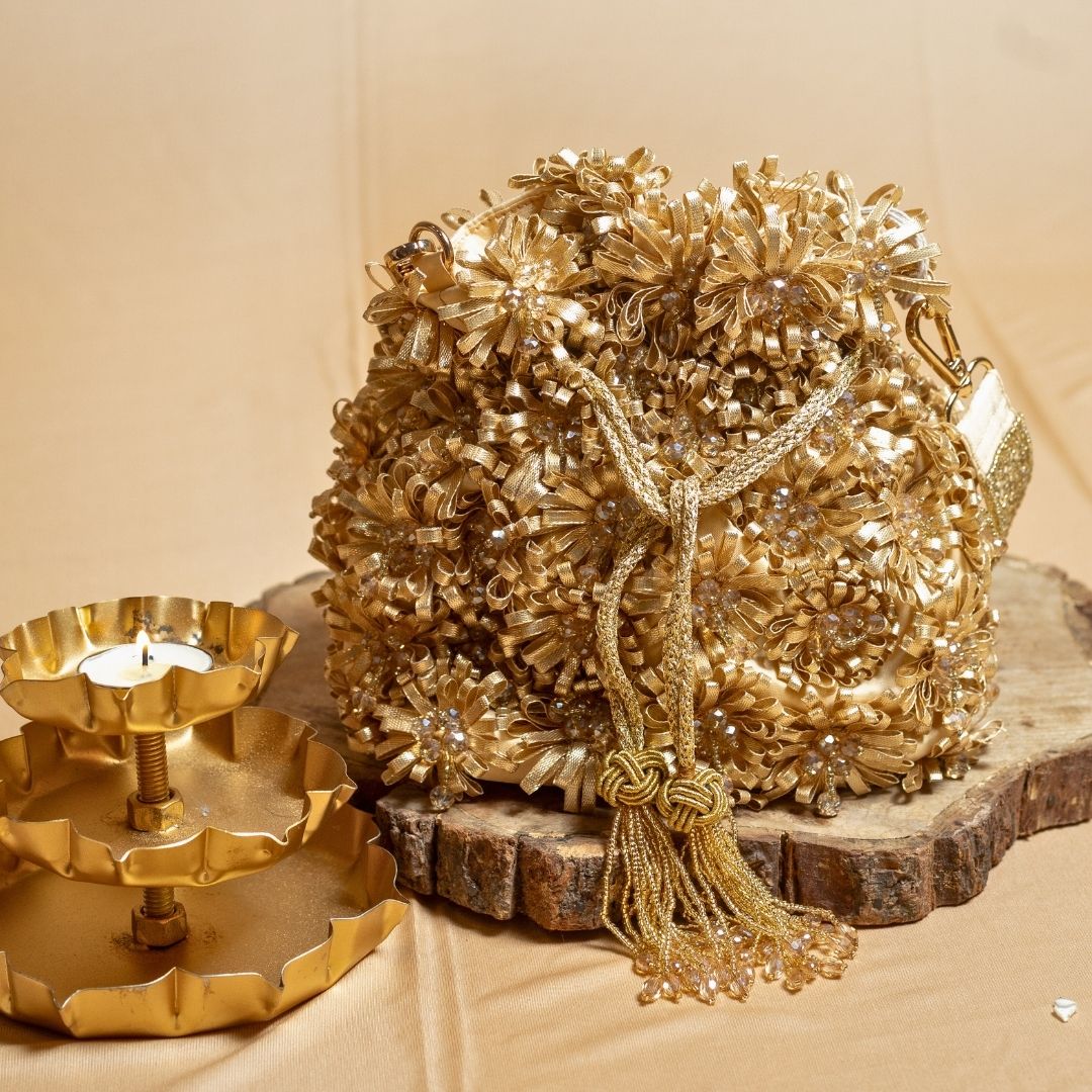 Golden Floral Ribbon Embellished Potli Bag