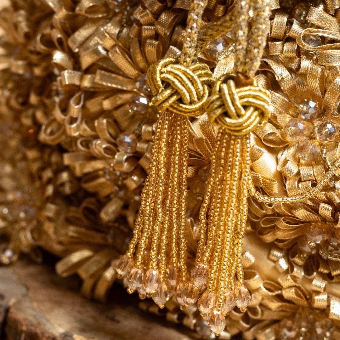 Golden Floral Ribbon Embellished Potli Bag