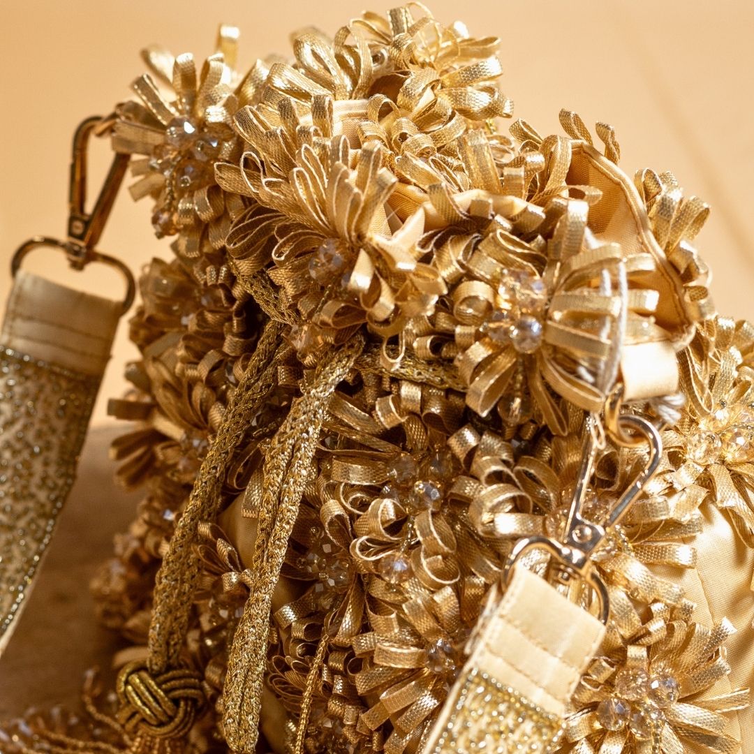 Golden Floral Ribbon Embellished Potli Bag